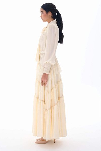 miha Hicran Önal SKIRT FLOOR TIE GARNED LONG DRESS Ecru