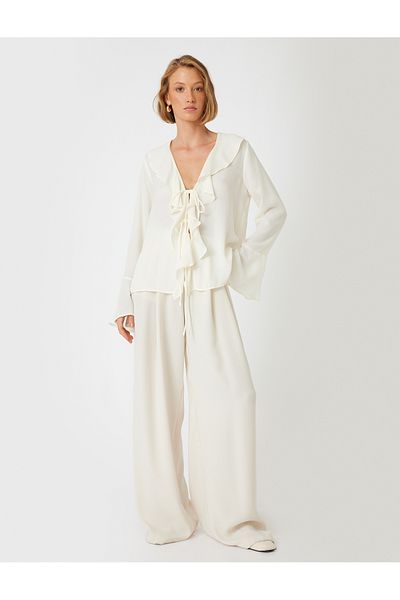Koton Long Wide Sleeve V-Neck - Front Tie Frilly Shirt