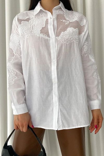 FURKAN EXCLUSIVE Women's White Rose Embroidery Oversize 100% Cotton Thin Shirt