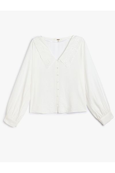 Koton LonG Sleeve Wide Collar Viscose Scalloped Shirt