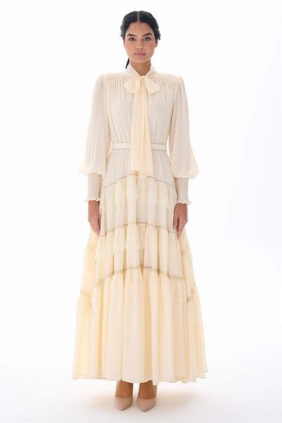 miha Hicran Önal SKIRT FLOOR TIE GARNED LONG DRESS Ecru