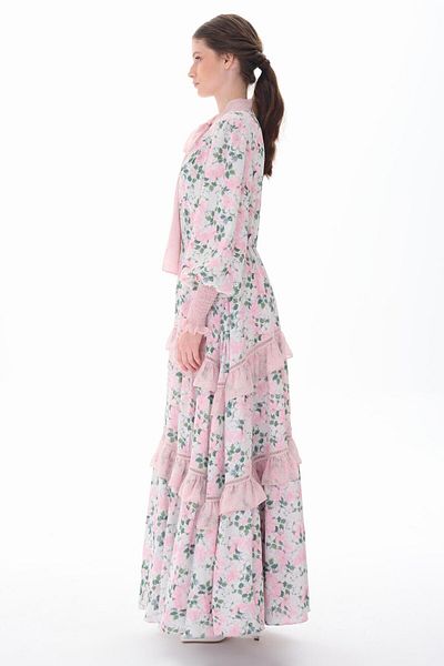 miha Hicran Önal COATED FLOWER PATTERNED DRESS WITH SCARF COLLAR Pink