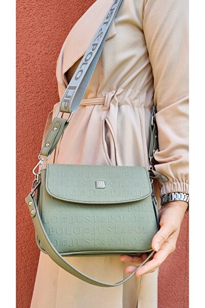 Just Polo حقيبة كتف وحقيبة كروس نسائية ذات حزامين باللون الأخضر مكونة من 4 أقسام