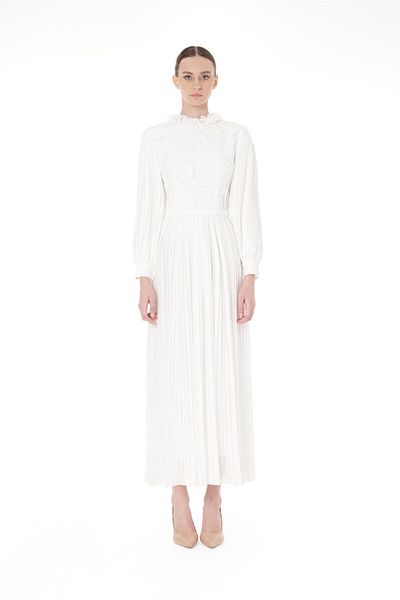 miha Hicran Önal LACE GARNI PLEATED LONG DRESS Ecru