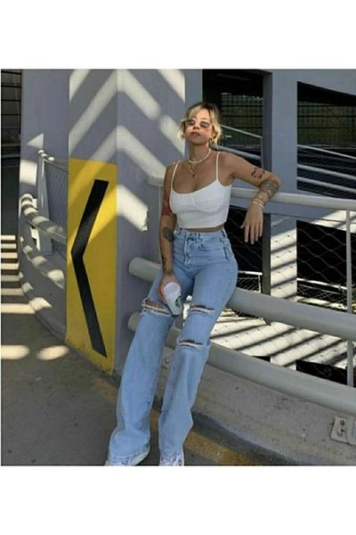 Trn JNS S.O.L.M.A.Z Blue Lycra Super High Waist Ripped Ice Jean - Široká noha