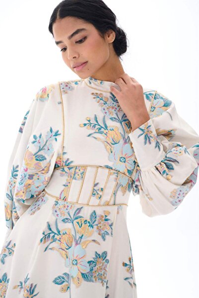 miha Hicran Önal CORSAGE DETAILED JACQUARD DRESS Ecru