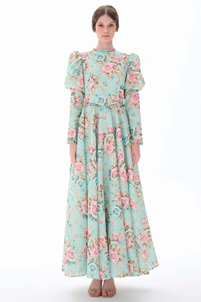 miha Hicran Önal KOLLARI KABARIK ÇİÇEK DESENLİ ELBİSE Mint