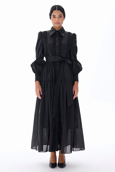 miha Hicran Önal DANTEL ŞERİT DETAYLI TAFTA ELBİSE Siyah