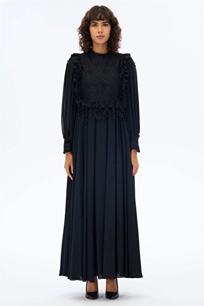 miha Hicran Önal YAPRAK DETAYLI ROMANTİK ELBİSE Siyah