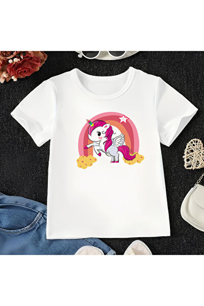 CDA Tricou alb pentru fetiță și băiat unisex Rainbow Unicorn