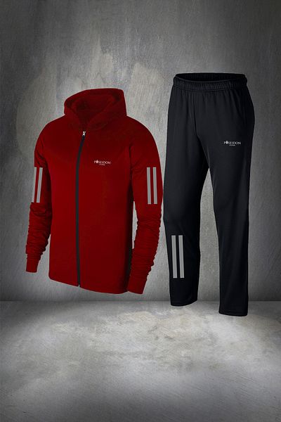 POSEIDON STORM Claret Red Supra Combed Cotton Running Set - Men's, Hooded, Zippered, Plus Size 4xl-10xl