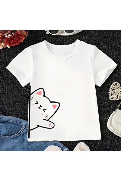 CDA Унисекс тениска за бебе момиче и момче Bye Cat, бяла