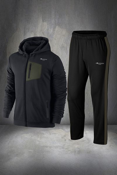 POSEIDON STORM Men's Black Supra Combed Cotton Tracksuit Set - Comfortable and Pocket Detailed, Oversize Size 4xl-10xl