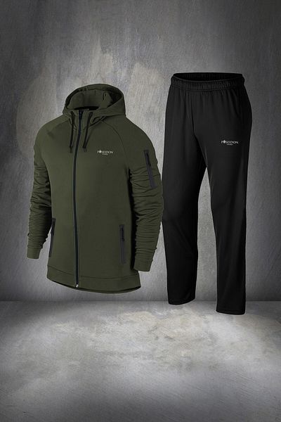 POSEIDON STORM Men's Khaki Special Supra Combed Cotton - Large Size Hooded Sports and Leisure Running Set 4x