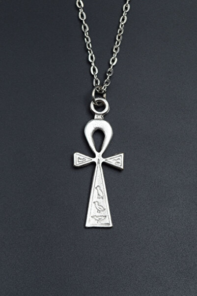 Had Safha Ankh Anahtarı - Nil'in Anahtarı Gümüş Kaplama Unisex Düz Zincir Kolye kod 757