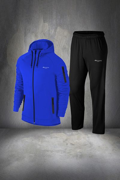 POSEIDON STORM Plus Size Men's Blue Full Tracksuit Set - Relaxed Fit, Zippered Pockets, 4xl-10xl
