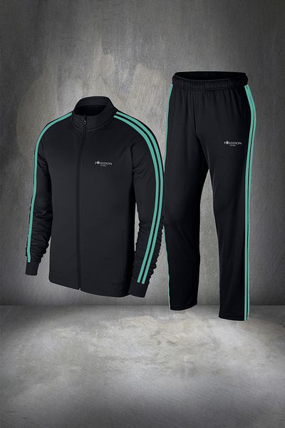 POSEIDON STORM Large Size Men's Black Special Supra Combed Fabric Running and Exercise Tracksuit Set 4-10XL