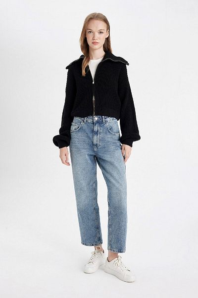 DeFacto Slim Fit Slim Fit Basic Plain Zip-Up Stand Collar Knitwear Cardigan A3333Ax24Wn
