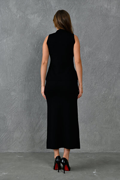 bayansepeti Black Knitwear Fabric Buttoned Vest and Midi Skirt Black Double Knitwear Set 5155