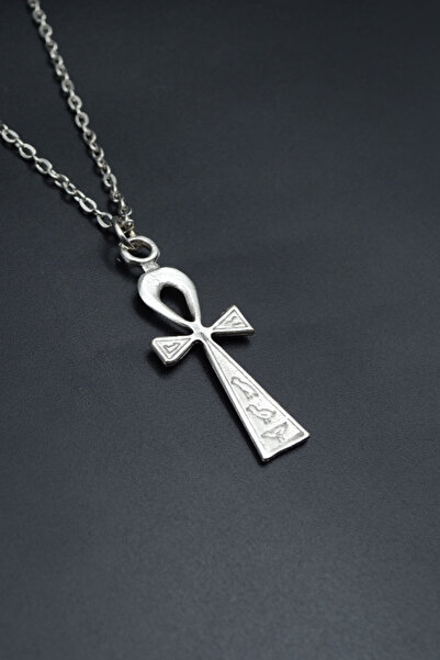 Had Safha Ankh Anahtarı - Nil'in Anahtarı Gümüş Kaplama Unisex Düz Zincir Kolye kod 757