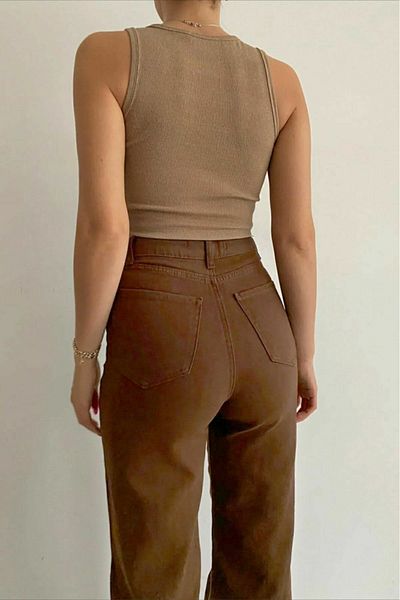 Trn JNS Delmeira Brown Lycra - широки дънки със супер висока талия, панталони Palazzo (широки крачоли)