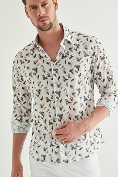 Twn Slim Fit Gri Baskılı %100 Pamuk Gömlek