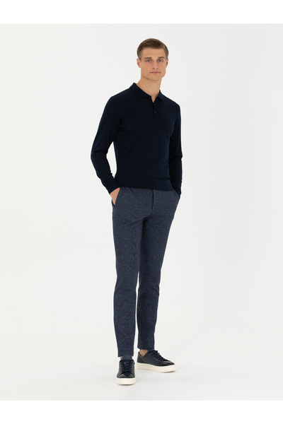Cacharel Lacivert Ex. Slim Fit Yün Kaşmir Karışımlı Beli Bağcıklı Çizgili Kumaş Pantolon 50272672-VR033