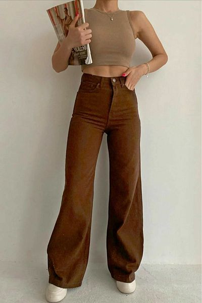 Trn JNS Delmeira Brown Lycra - широки дънки със супер висока талия, панталони Palazzo (широки крачоли)