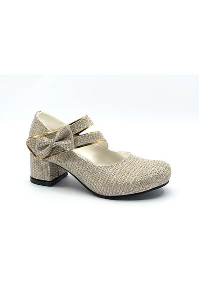 KCMN İremsu 7845 Side Ribbon Girls' Heeled Children's Shoes Gold