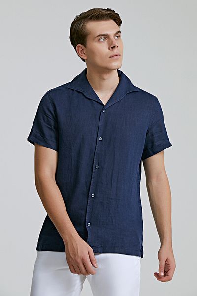 Twn Slim Fit Navy Blue Plain Linen Shirt