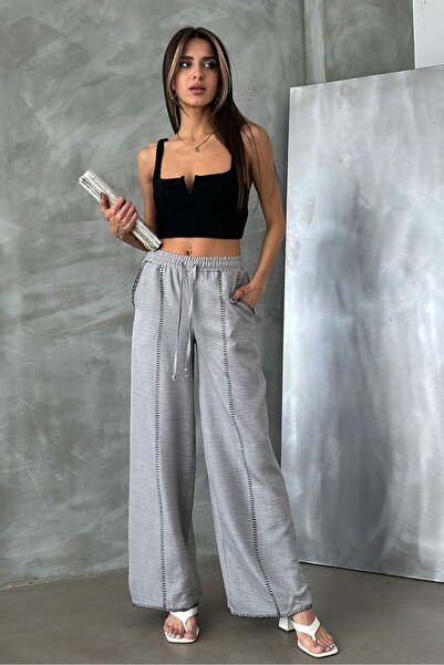 VERYMODA Pantaloni din in brodat cu picior conic - Gri |   F1675