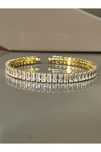 Home Stainless Steel Baguette Handcuffs - Gold Gilded and Rhinestone