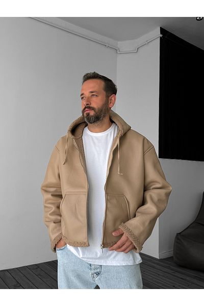 BYBASICMAN Beige Hooded Leather Coat G-5500