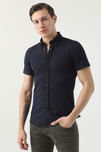 Twn Slim Fit Navy Blue κοντομάνικο πουκάμισο 100% βαμβάκι