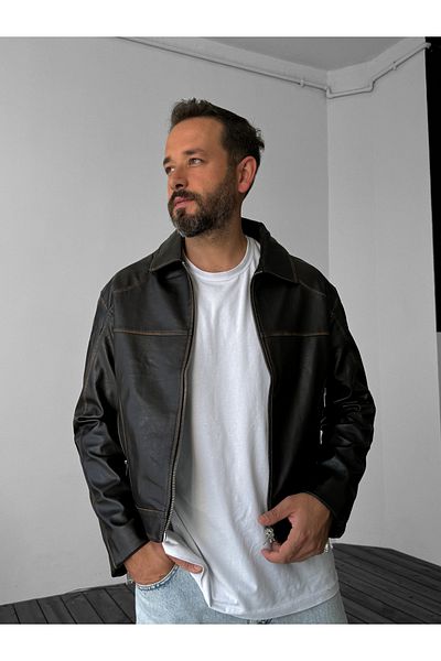 BYBASICMAN Tan Wash Patterned Leather Jacket G-5505