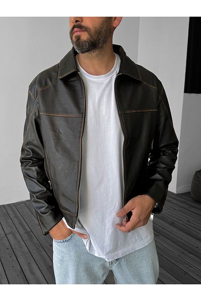 BYBASICMAN Tan Wash Patterned Leather Jacket G-5505