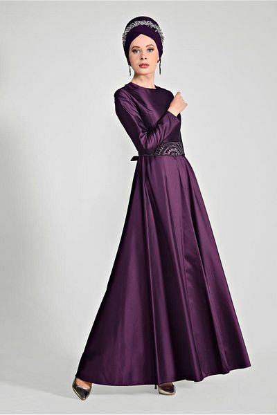 TRENDTESETTÜR Γυναικείο Φούξια (K.FUŞYA) T 1788 Tuay Taffeta Ζώνη με χάντρες Κεντημένο βραδινό φόρεμα