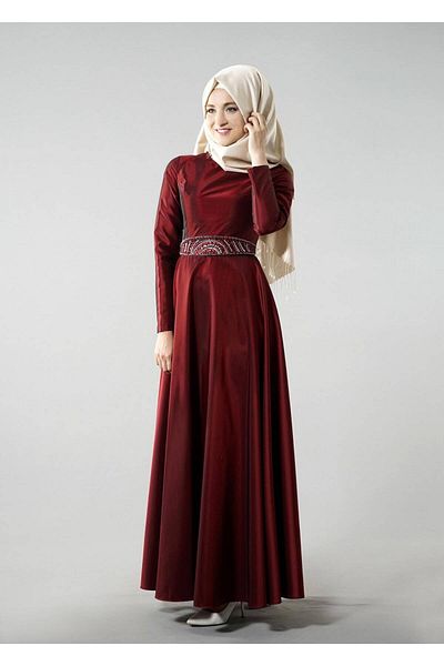 TRENDTESETTÜR Γυναικείο Βουργουνδία T 1788 Tuay Taffeta Cummerbund Κεντημένο βραδινό φόρεμα
