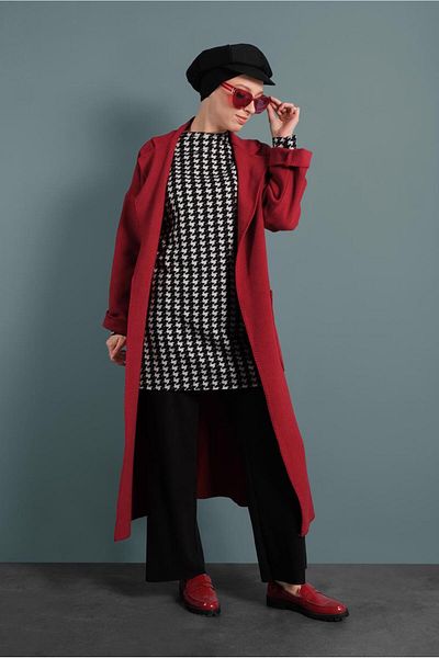 TRENDTESETTÜR Women's Red Cotton Wide Cut Coat 1620