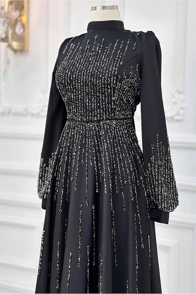 TRENDTESETTÜR Γυναικείο βραδινό φόρεμα Hijab με στάμπα μαύρη πέτρα - T 3853