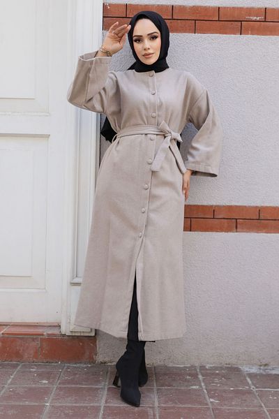 Neva Style Beige Stamped Hijab Coat - Belted, Model 61302Beige