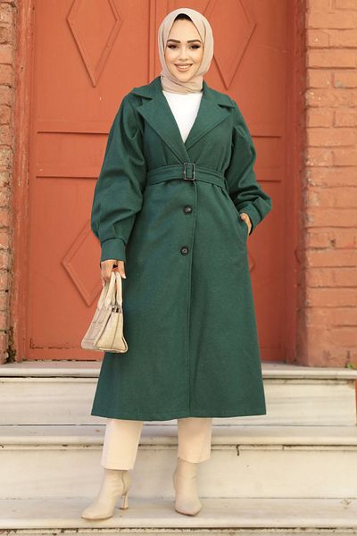 Neva Style Emerald Green Belted Stamped Hijab Coat - 61241Zy