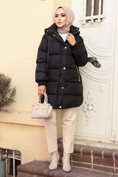 Neva Style Hooded Black Hijab Puffer Jacket 80191S