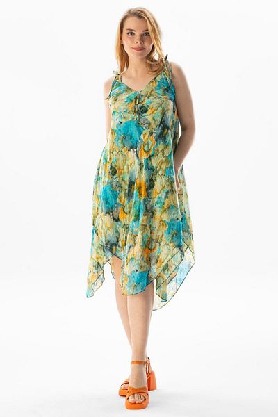 Eliş Şile Bezi Strappy Voile Aphrodite Midi Summer Dress Tie Dye Turquoise 6212