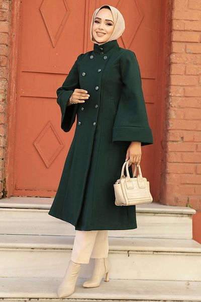 Neva Style Flounce Sleeves Emerald Green Cashmere Hijab Coat 61112Zy