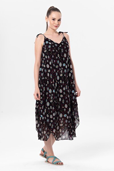 Eliş Şile Bezi Μαύρο Midi Καλοκαιρινό Φόρεμα - Strappy Voile Aphrodite 6200