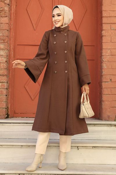 Neva Style Belted Brown Cashmere Hijab Coat 61112Kh
