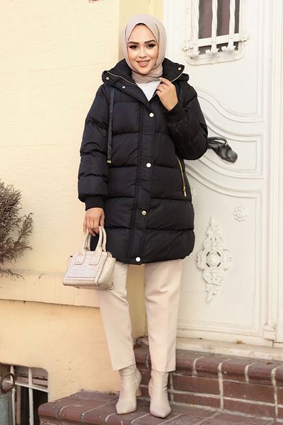 Neva Style Jachetă pufă Hijab neagră cu glugă 80191S
