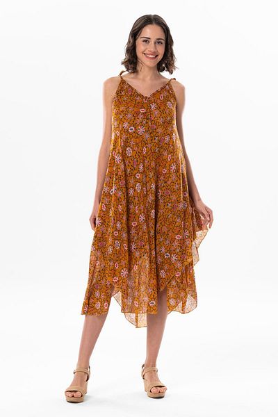 Eliş Şile Bezi Aphrodite Midi Summer Dress - Dark Mustard, Straps Voile 6202