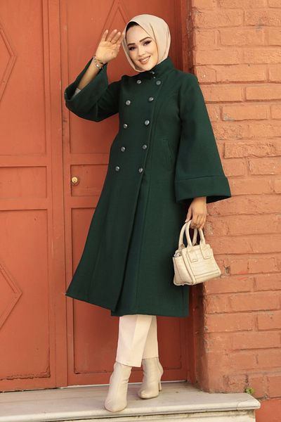 Neva Style Flounce Sleeves Emerald Green Cashmere Hijab Coat 61112Zy